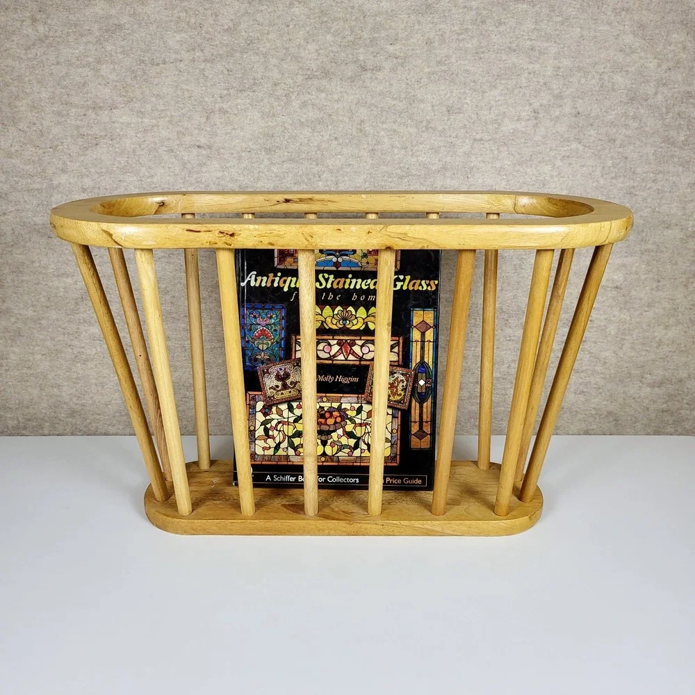 Vintage MCM Wood Spindle Magazine Rack Oval Light 20.5